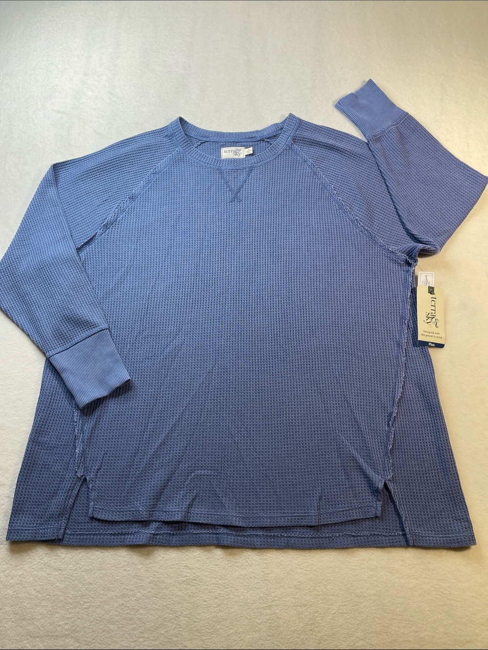 Terra & Sky Blue Waffle Long Sleeve Tee WOMENS SIZE XL 16W-18W NWT